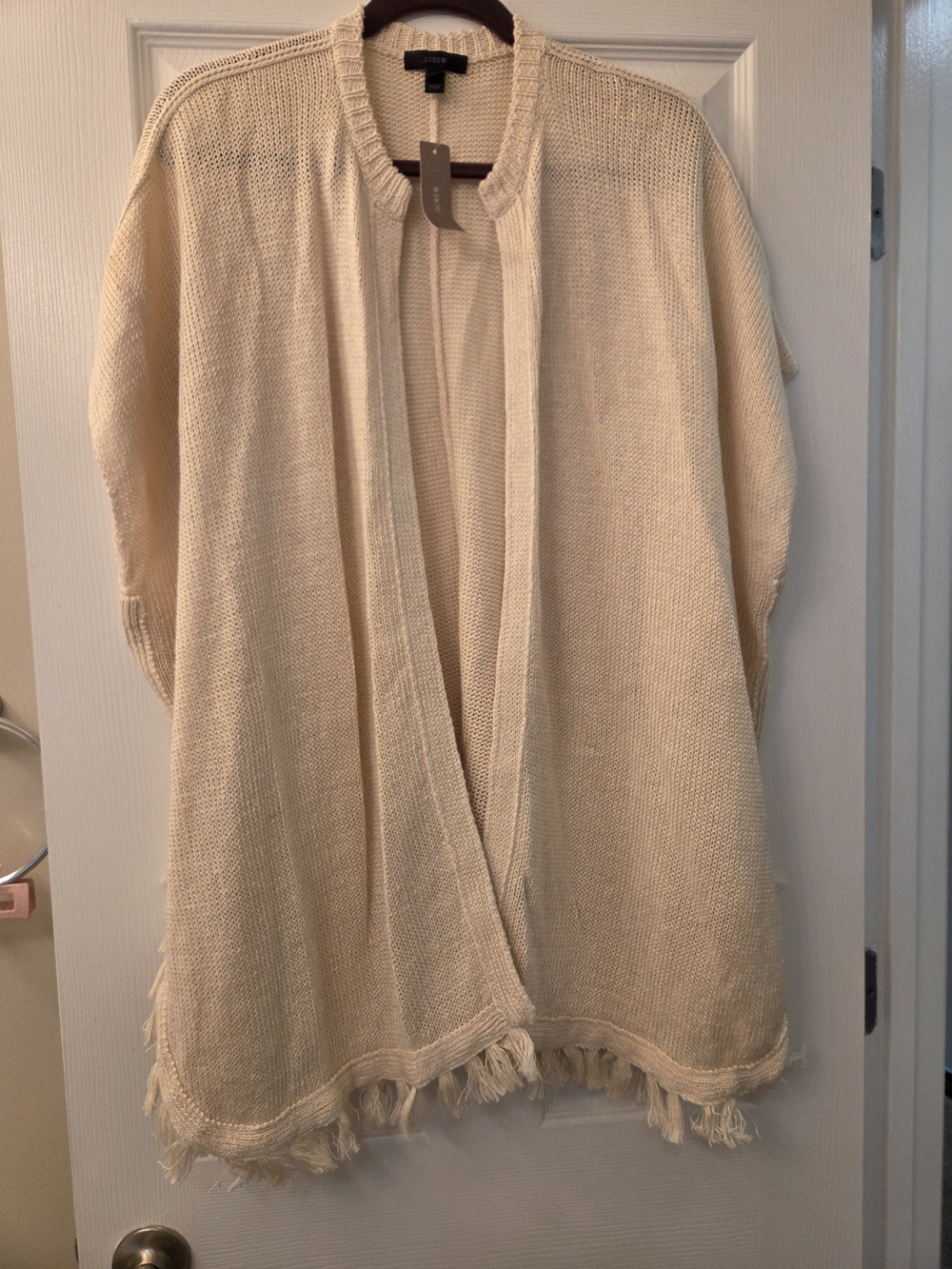 J. Crew Haven Linen Cream Beach Sweater Fringe Poncho Cardigan NWT S/M - Picture 5 of 8